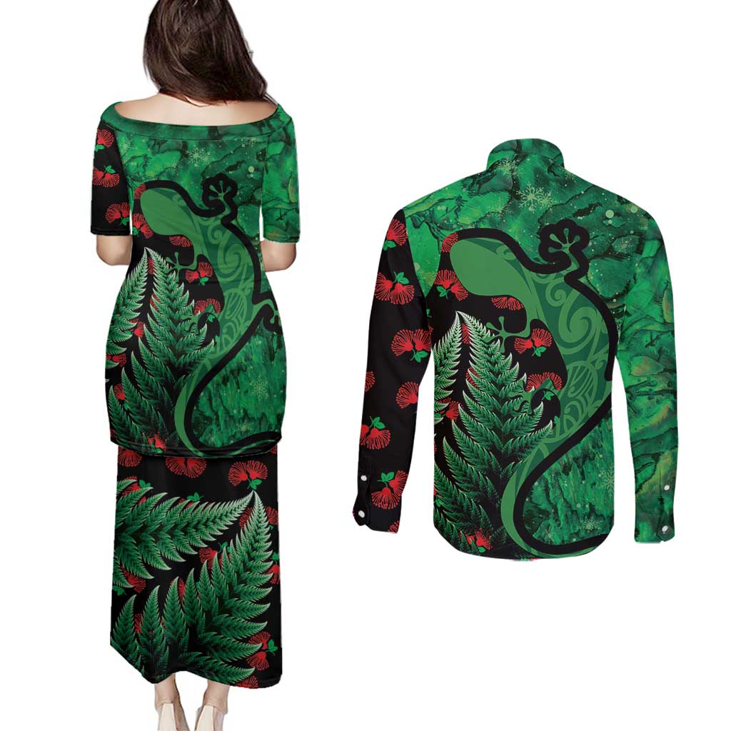New Zealand Gecko Christmas Couples Matching Puletasi and Long Sleeve Button Shirt Meri Kirihimete Paua Shell Mix Pohutukawa