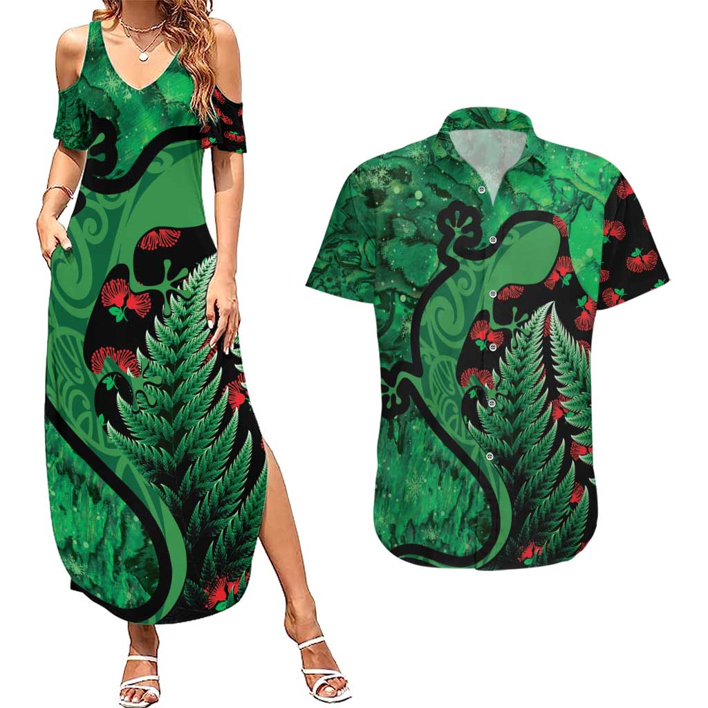 New Zealand Gecko Christmas Couples Matching Summer Maxi Dress and Hawaiian Shirt Meri Kirihimete Paua Shell Mix Pohutukawa