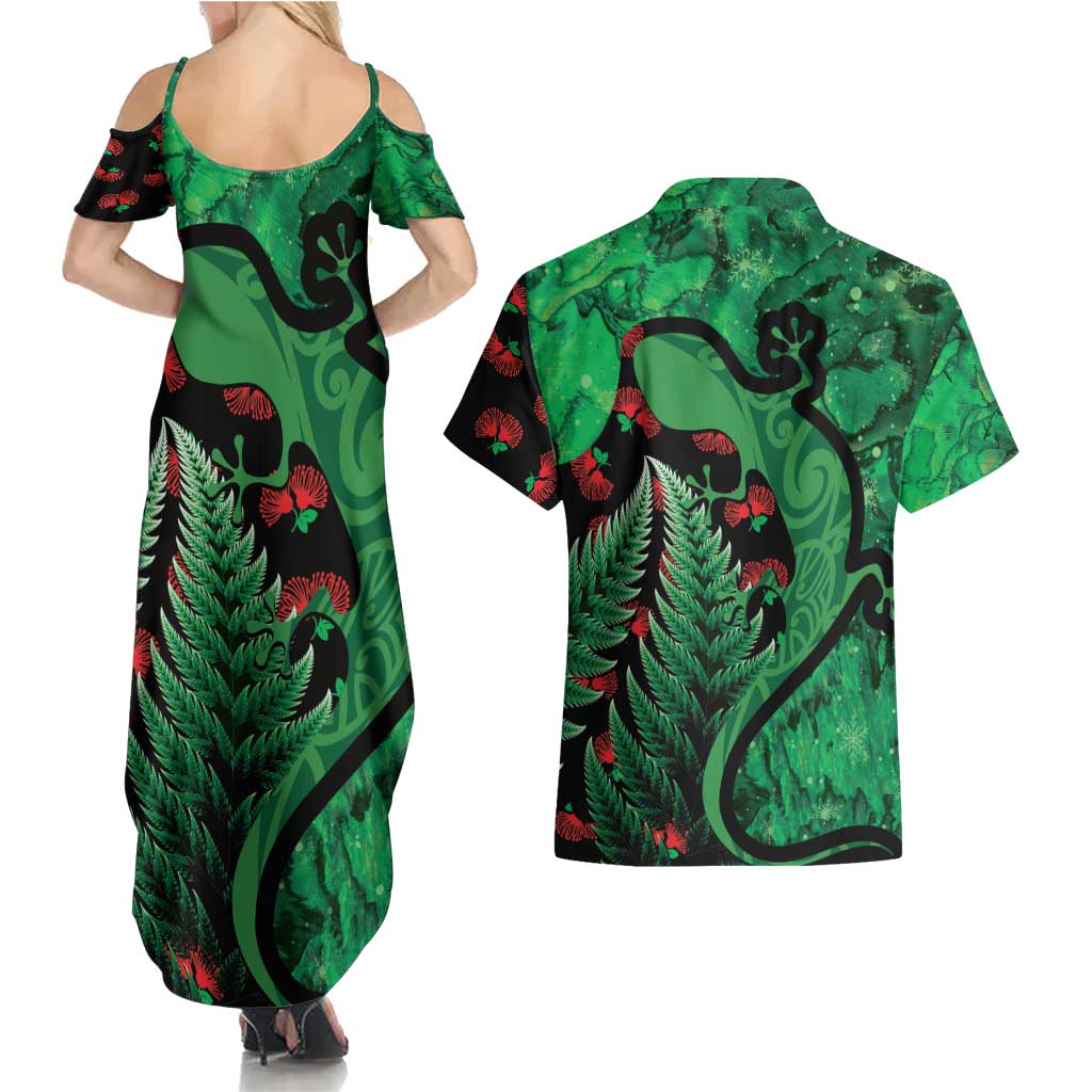 New Zealand Gecko Christmas Couples Matching Summer Maxi Dress and Hawaiian Shirt Meri Kirihimete Paua Shell Mix Pohutukawa