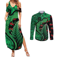 New Zealand Gecko Christmas Couples Matching Summer Maxi Dress and Long Sleeve Button Shirt Meri Kirihimete Paua Shell Mix Pohutukawa