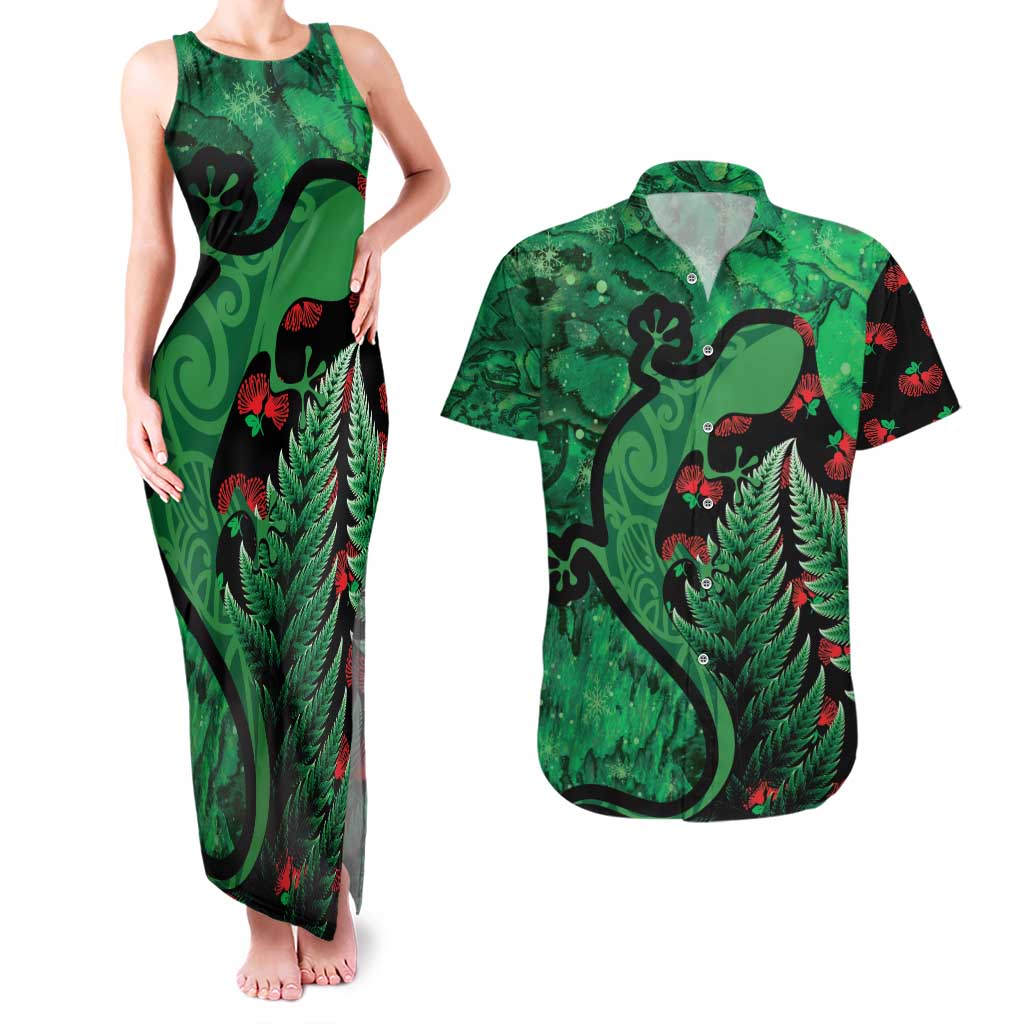 New Zealand Gecko Christmas Couples Matching Tank Maxi Dress and Hawaiian Shirt Meri Kirihimete Paua Shell Mix Pohutukawa