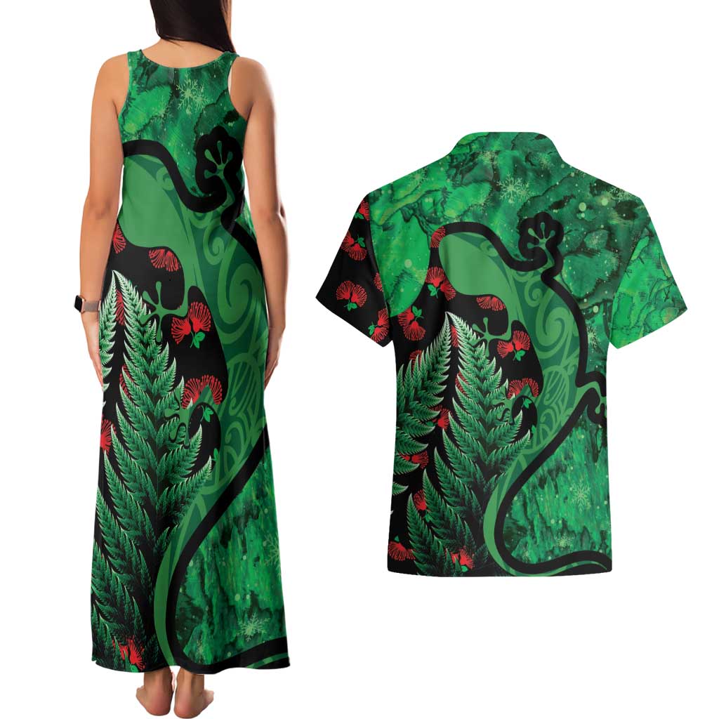 New Zealand Gecko Christmas Couples Matching Tank Maxi Dress and Hawaiian Shirt Meri Kirihimete Paua Shell Mix Pohutukawa