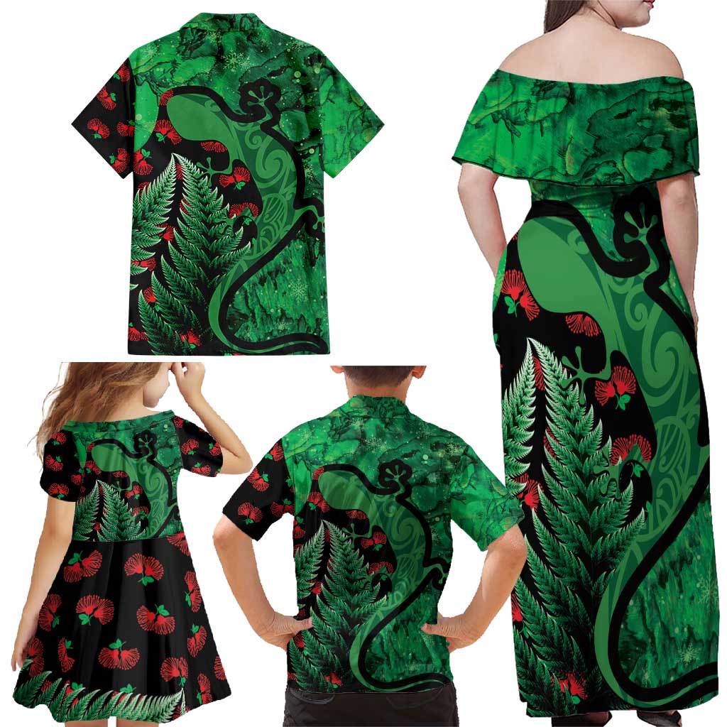 New Zealand Gecko Christmas Family Matching Off Shoulder Maxi Dress and Hawaiian Shirt Meri Kirihimete Paua Shell Mix Pohutukawa