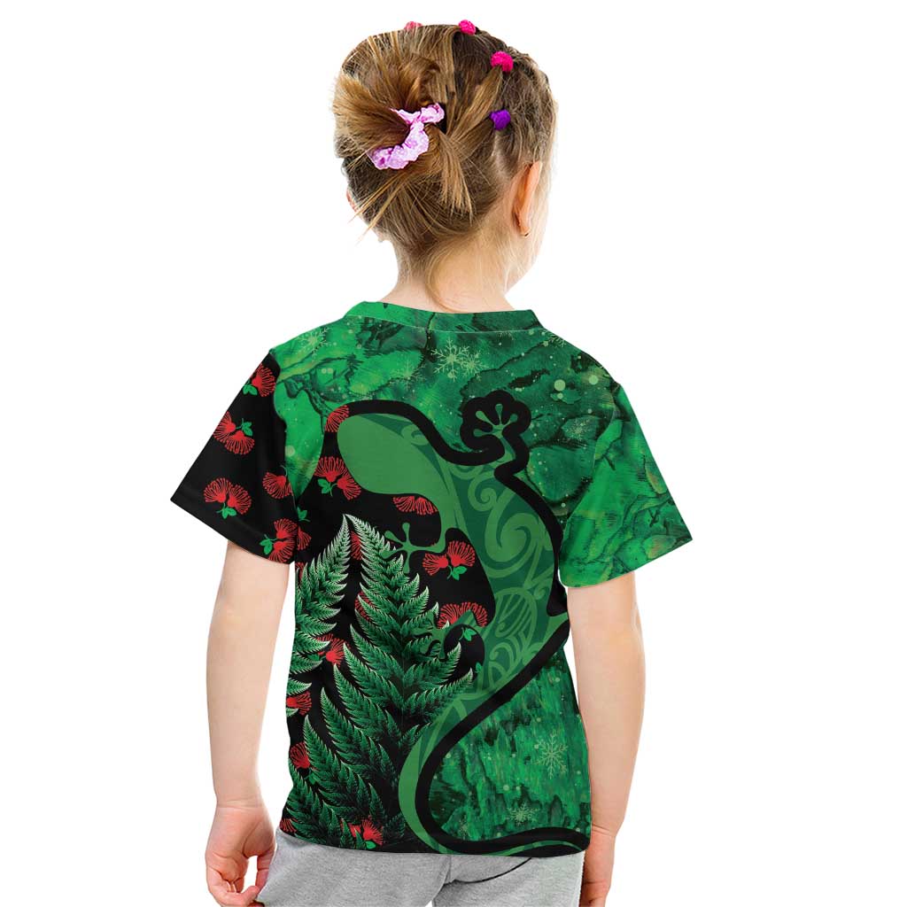 New Zealand Gecko Christmas Kid T Shirt Meri Kirihimete Paua Shell Mix Pohutukawa