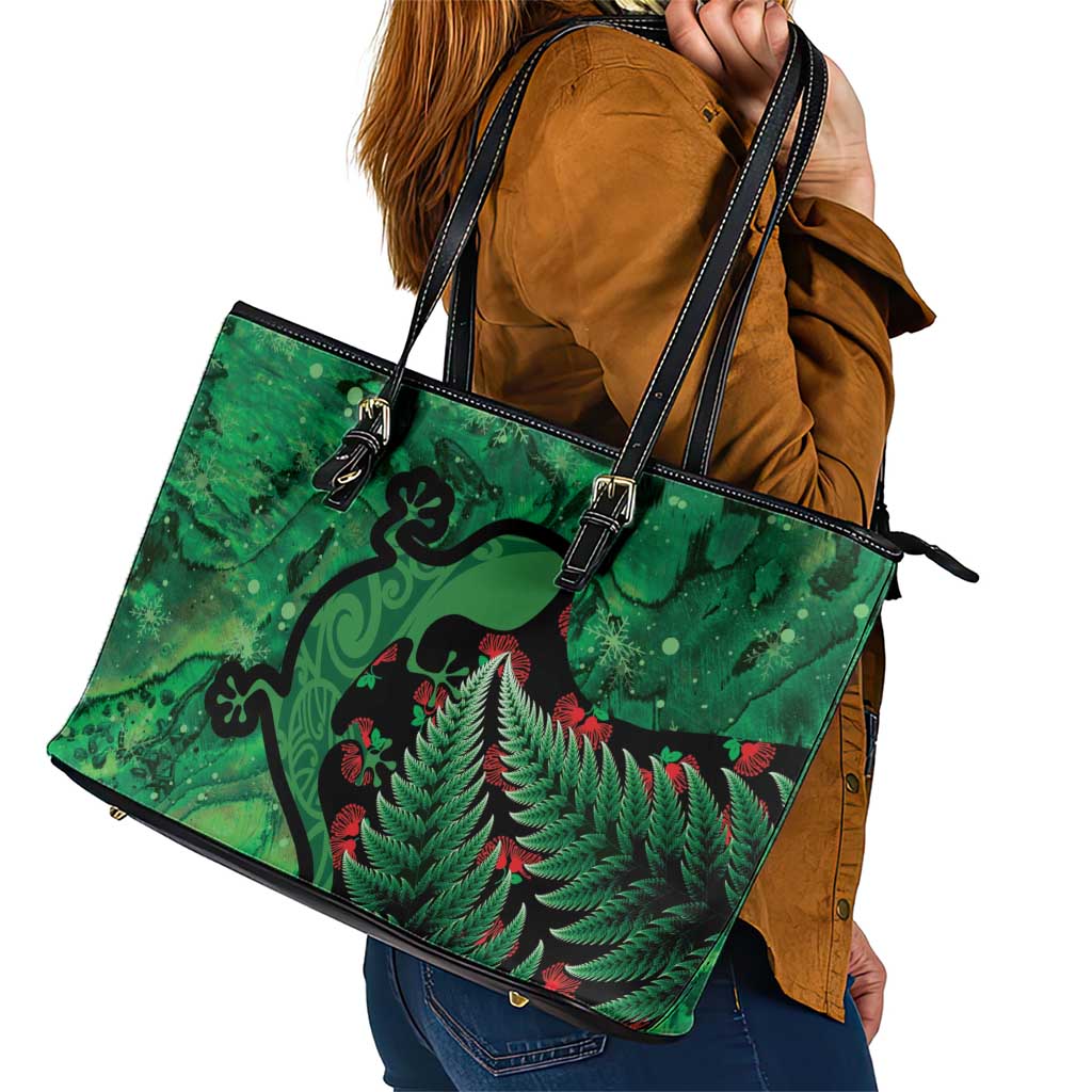 New Zealand Gecko Christmas Leather Tote Bag Meri Kirihimete Paua Shell Mix Pohutukawa