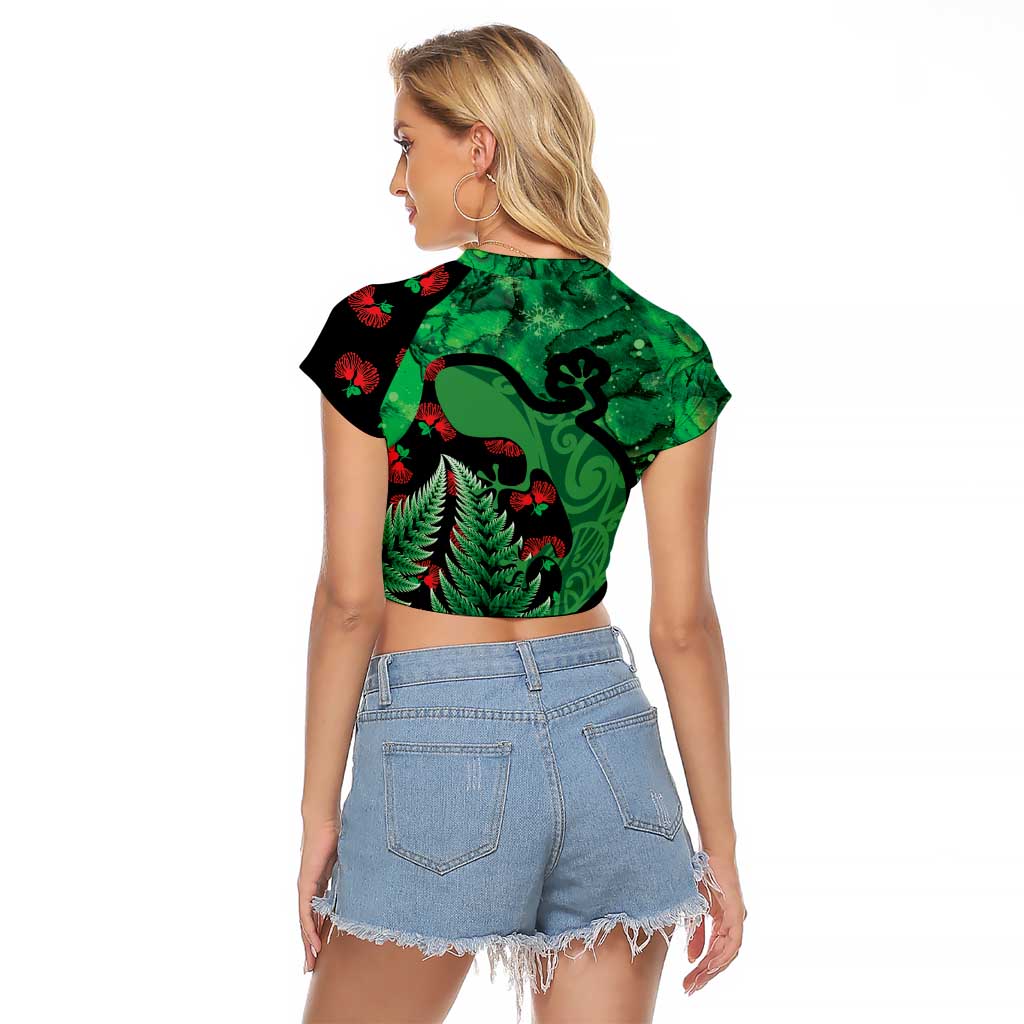 New Zealand Gecko Christmas Raglan Cropped T Shirt Meri Kirihimete Paua Shell Mix Pohutukawa