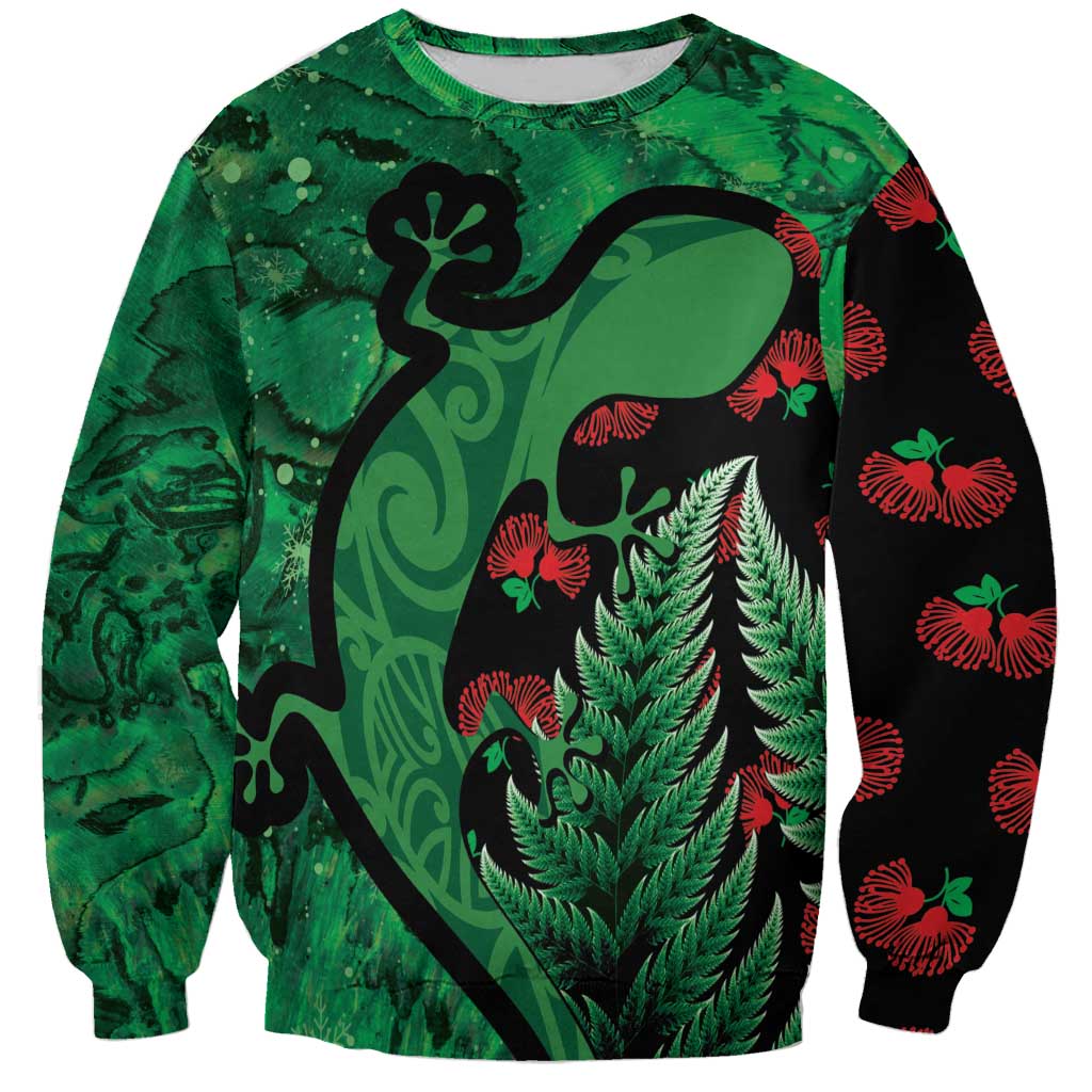New Zealand Gecko Christmas Sweatshirt Meri Kirihimete Paua Shell Mix Pohutukawa