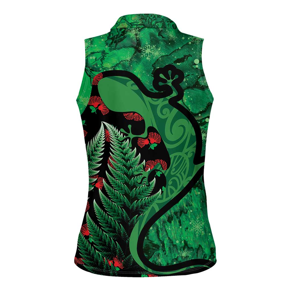 New Zealand Gecko Christmas Women Sleeveless Polo Shirt Meri Kirihimete Paua Shell Mix Pohutukawa