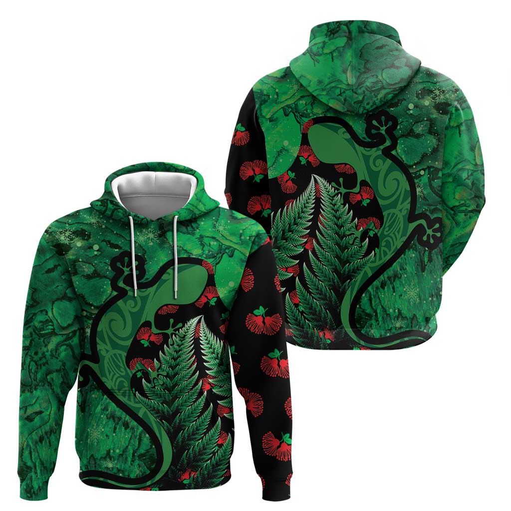 New Zealand Gecko Christmas Zip Hoodie Meri Kirihimete Paua Shell Mix Pohutukawa