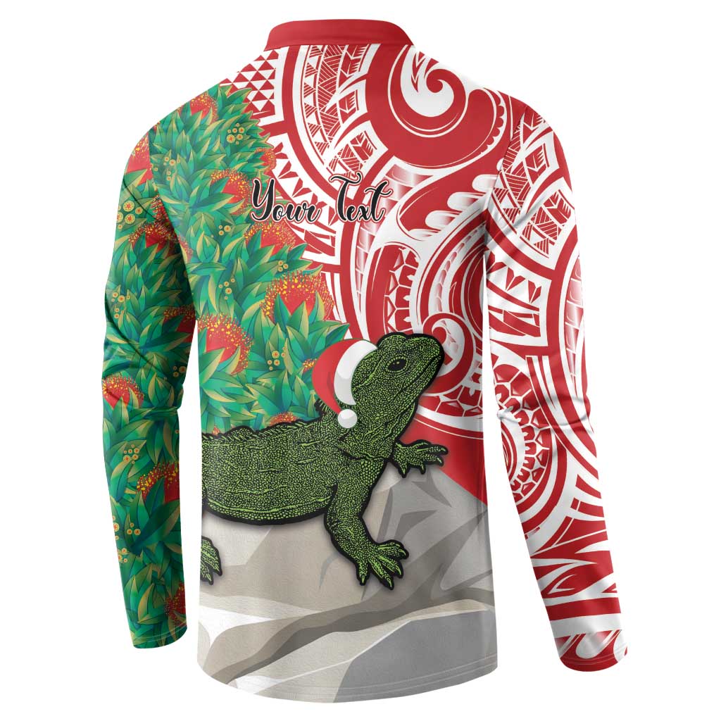 Personalised New Zealand Tuatara Christmas Button Sweatshirt Meri Kirihimete Aotearoa Maori Mix Pohutukawa