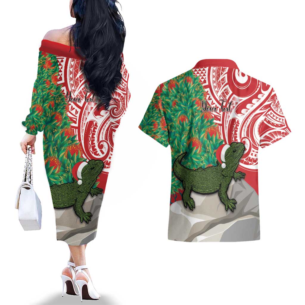 Personalised New Zealand Tuatara Christmas Couples Matching Off The Shoulder Long Sleeve Dress and Hawaiian Shirt Meri Kirihimete Aotearoa Maori Mix Pohutukawa