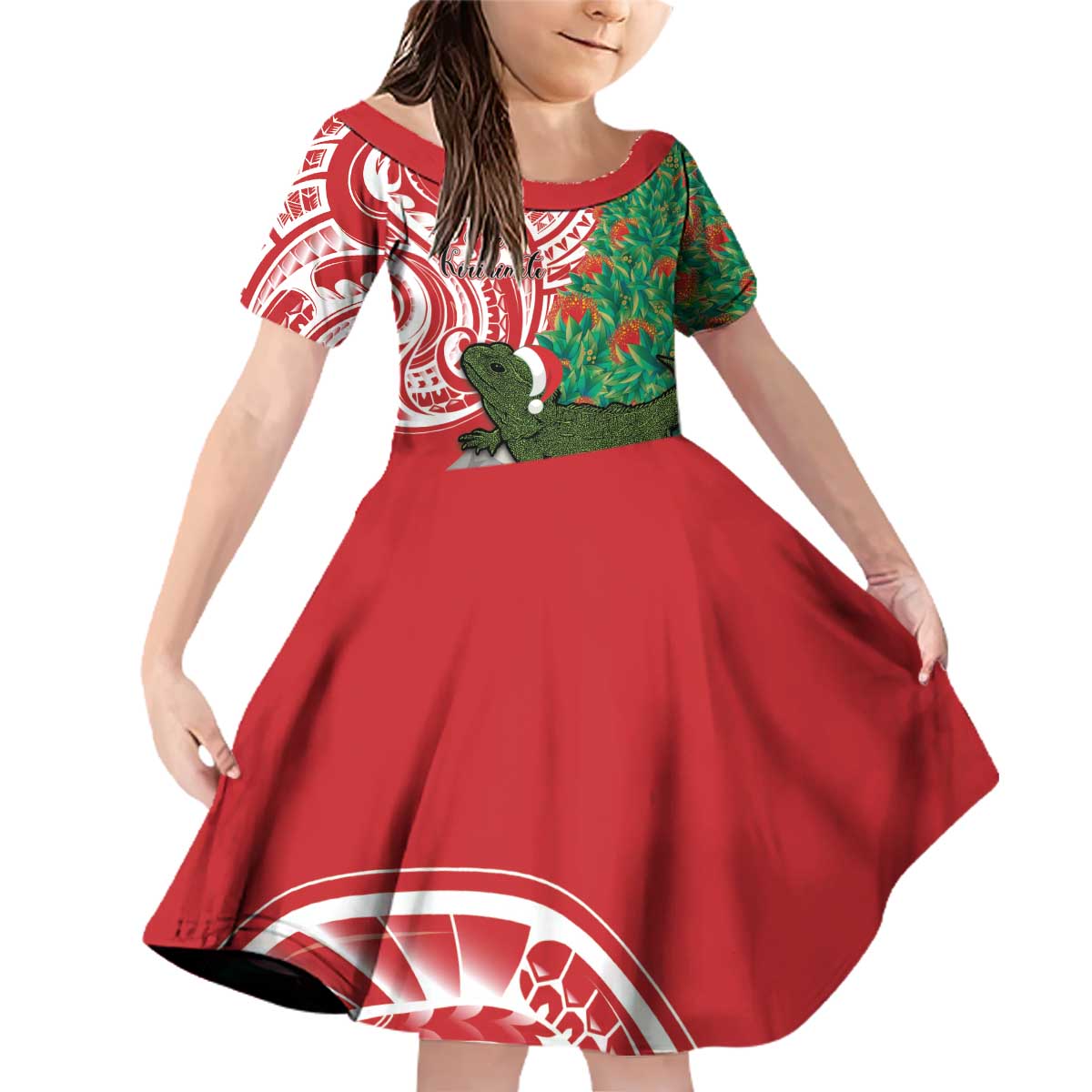Personalised New Zealand Tuatara Christmas Family Matching Off Shoulder Short Dress and Hawaiian Shirt Meri Kirihimete Aotearoa Maori Mix Pohutukawa