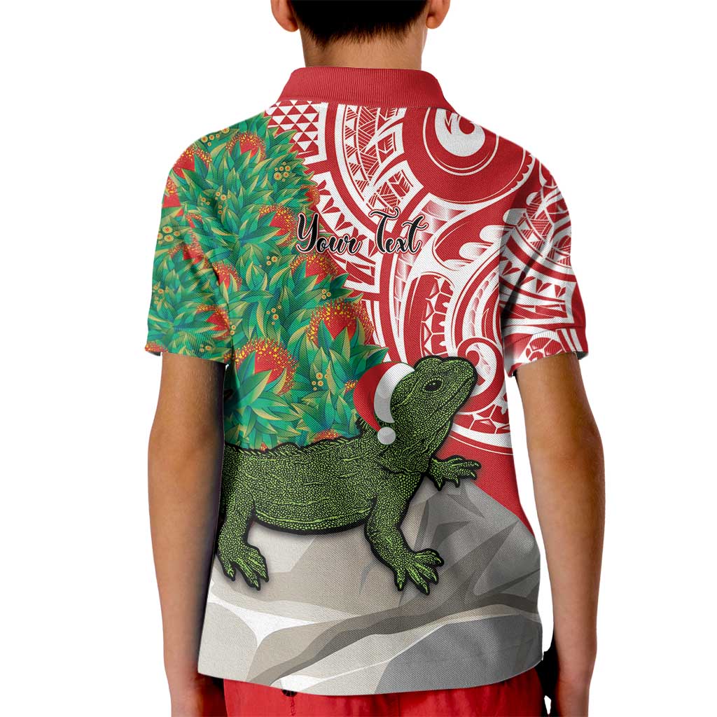 Personalised New Zealand Tuatara Christmas Kid Polo Shirt Meri Kirihimete Aotearoa Maori Mix Pohutukawa