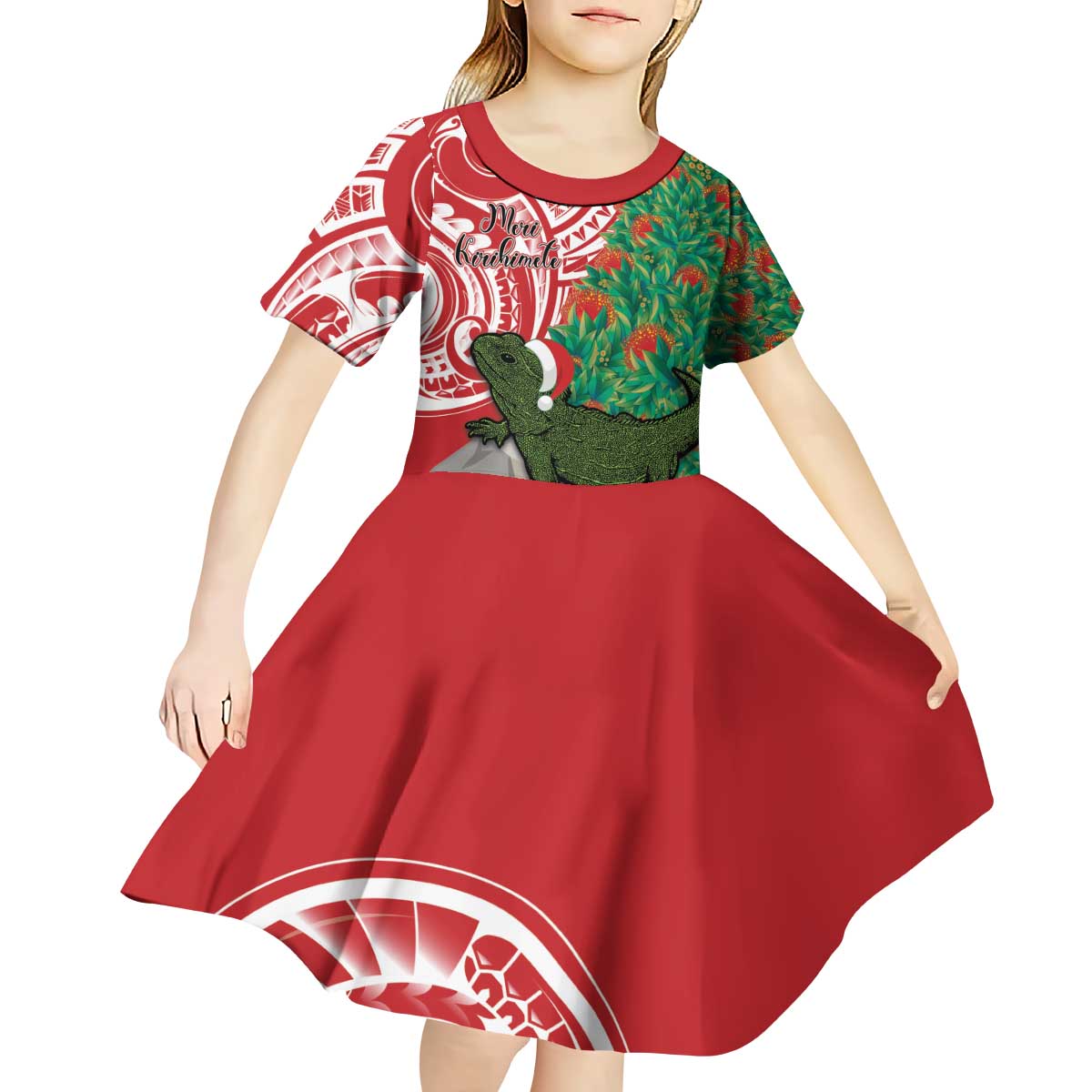 Personalised New Zealand Tuatara Christmas Kid Short Sleeve Dress Meri Kirihimete Aotearoa Maori Mix Pohutukawa