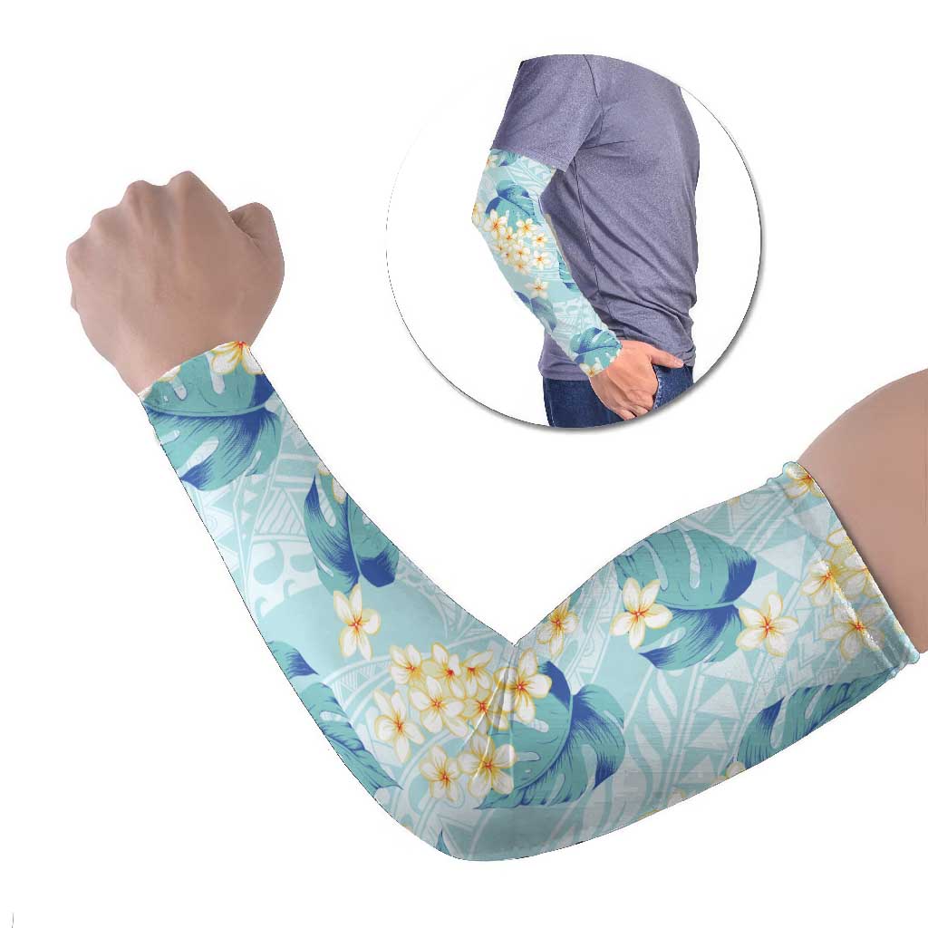 Pastel Cyan Tropical Hawaii Arm Sleeves Seamless Monstera Plumeria Hawaiian Pattern - Polynesian Pride