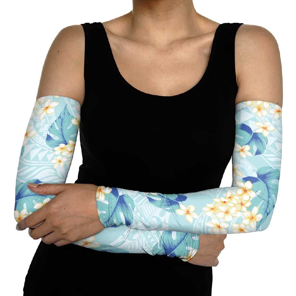 Pastel Cyan Tropical Hawaii Arm Sleeves Seamless Monstera Plumeria Hawaiian Pattern - Polynesian Pride
