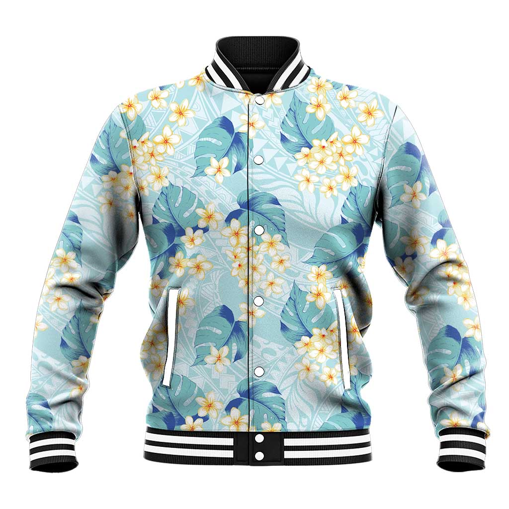 Pastel Cyan Tropical Hawaii Baseball Jacket Seamless Monstera Plumeria Hawaiian Pattern - Polynesian Pride