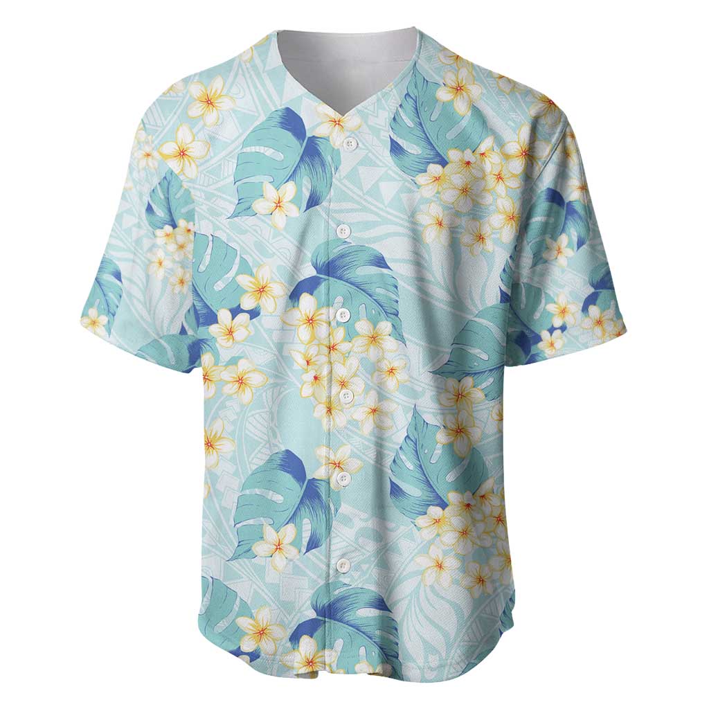 Pastel Cyan Tropical Hawaii Baseball Jersey Seamless Monstera Plumeria Hawaiian Pattern - Polynesian Pride