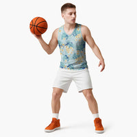 Pastel Cyan Tropical Hawaii Basketball Jersey Seamless Monstera Plumeria Hawaiian Pattern - Polynesian Pride