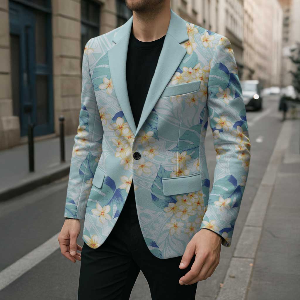 Pastel Cyan Tropical Hawaii Blazer Seamless Monstera Plumeria Hawaiian Pattern - Polynesian Pride