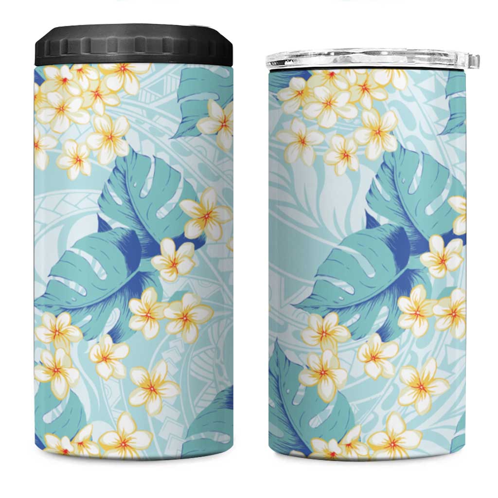 Pastel Cyan Tropical Hawaii 4 in 1 Can Cooler Tumbler Seamless Monstera Plumeria Hawaiian Pattern - Polynesian Pride