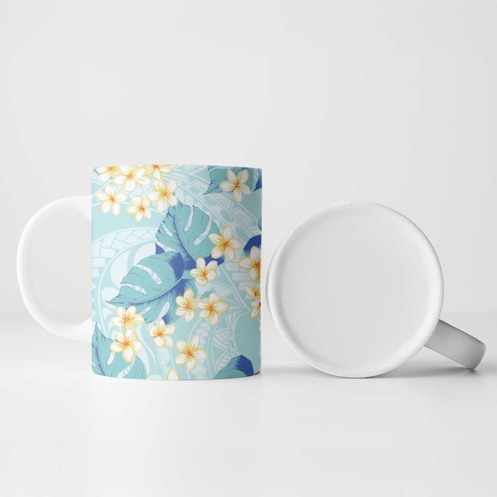 Pastel Cyan Tropical Hawaii Ceramic Mug Seamless Monstera Plumeria Hawaiian Pattern - Polynesian Pride