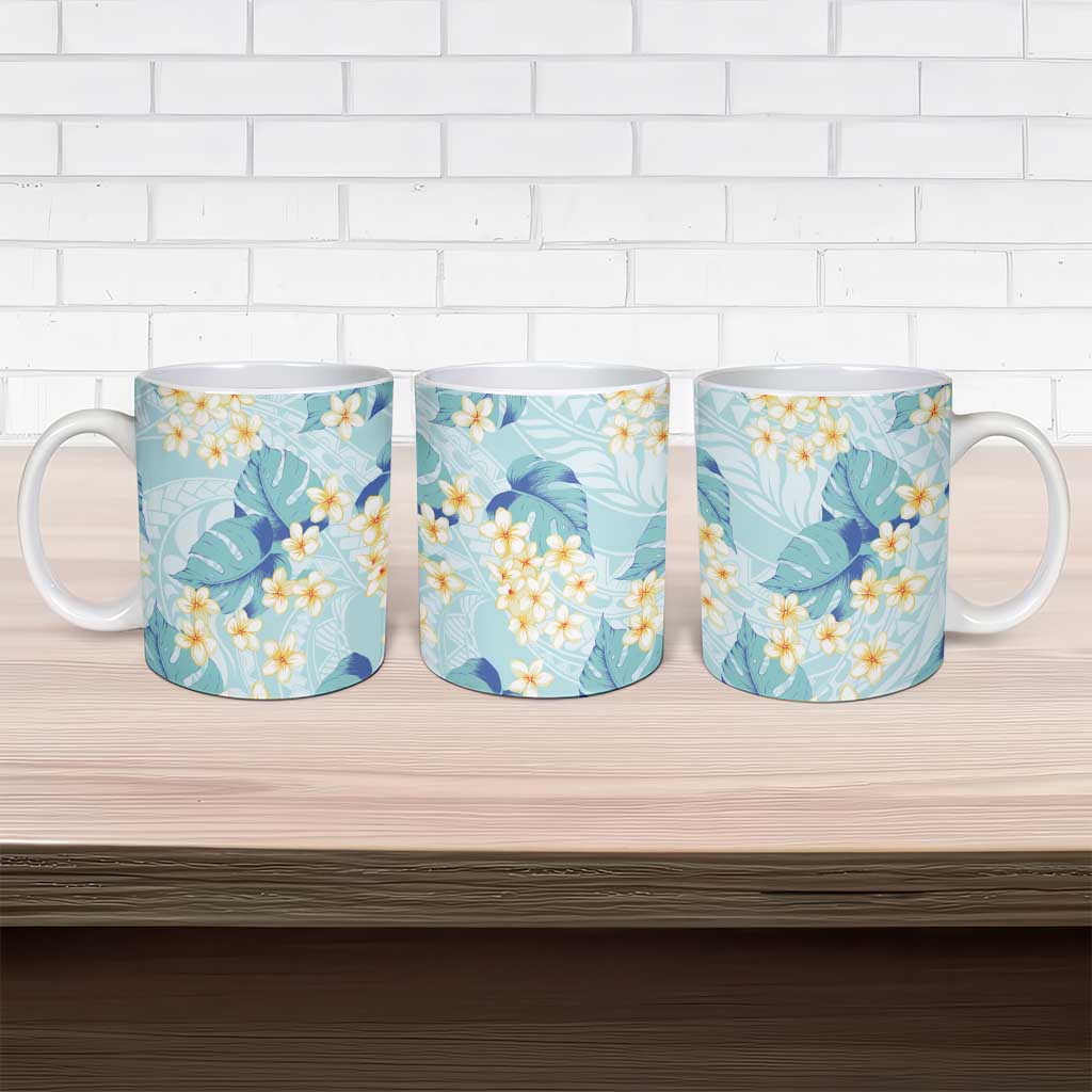 Pastel Cyan Tropical Hawaii Ceramic Mug Seamless Monstera Plumeria Hawaiian Pattern - Polynesian Pride