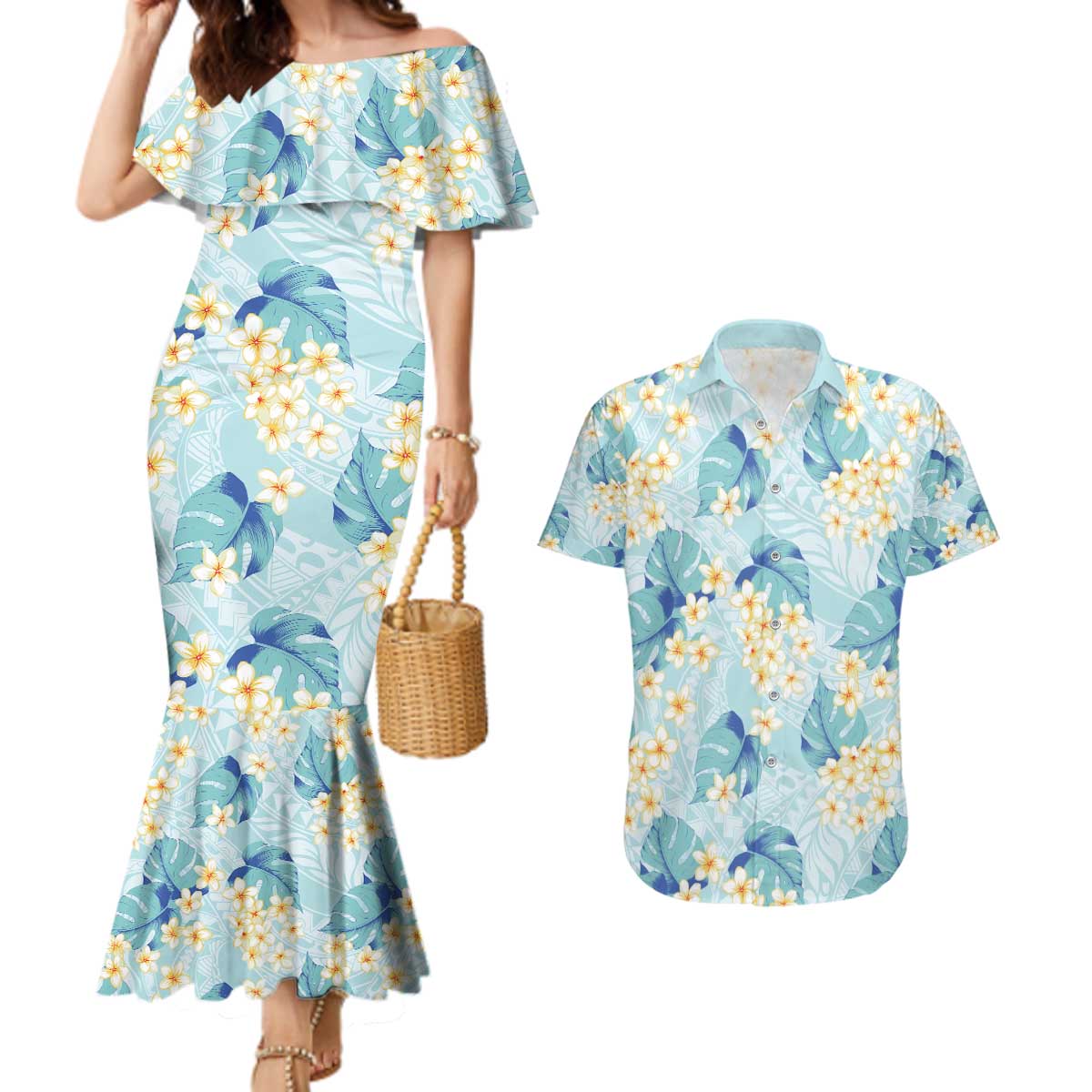 Pastel Cyan Tropical Hawaii Couples Matching Mermaid Dress and Hawaiian Shirt Seamless Monstera Plumeria Hawaiian Pattern - Polynesian Pride