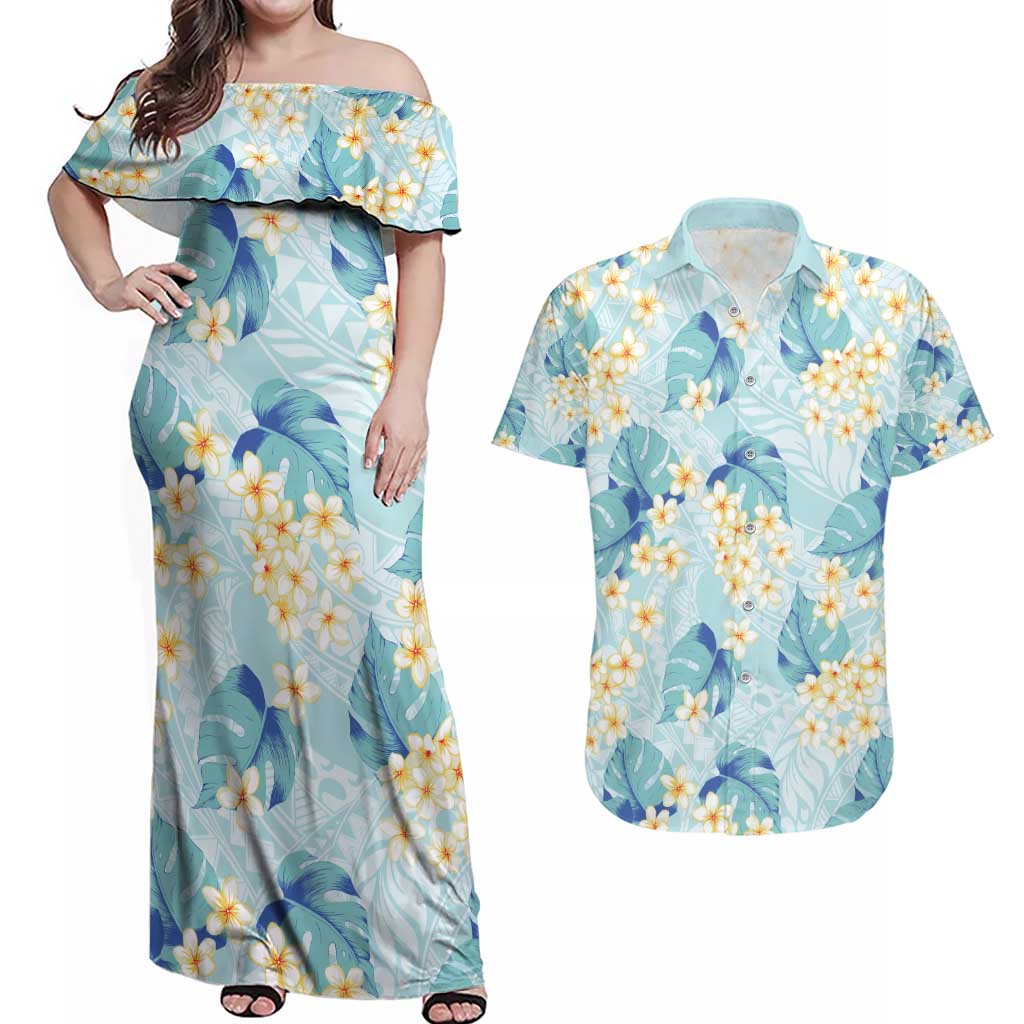 Pastel Cyan Tropical Hawaii Couples Matching Off Shoulder Maxi Dress and Hawaiian Shirt Seamless Monstera Plumeria Hawaiian Pattern - Polynesian Pride