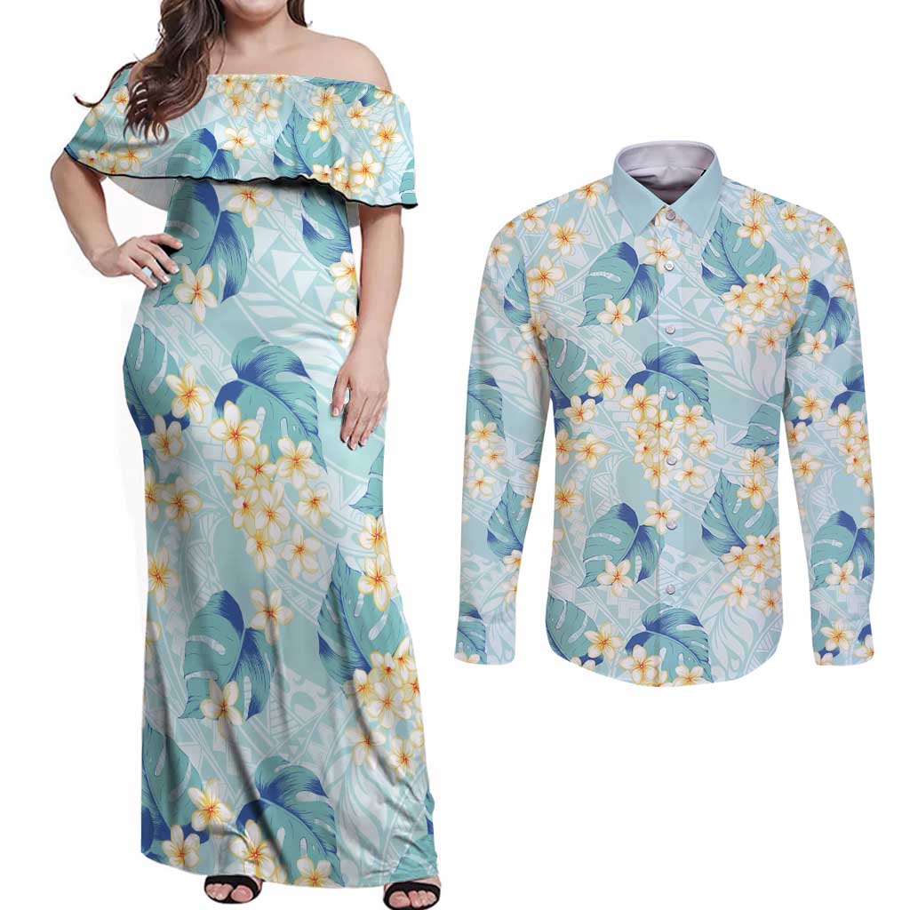 Pastel Cyan Tropical Hawaii Couples Matching Off Shoulder Maxi Dress and Long Sleeve Button Shirt Seamless Monstera Plumeria Hawaiian Pattern - Polynesian Pride