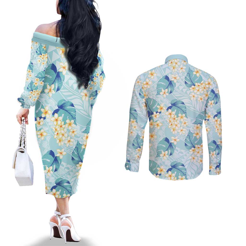 Pastel Cyan Tropical Hawaii Couples Matching Off The Shoulder Long Sleeve Dress and Long Sleeve Button Shirt Seamless Monstera Plumeria Hawaiian Pattern - Polynesian Pride