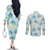 Pastel Cyan Tropical Hawaii Couples Matching Off The Shoulder Long Sleeve Dress and Long Sleeve Button Shirt Seamless Monstera Plumeria Hawaiian Pattern - Polynesian Pride