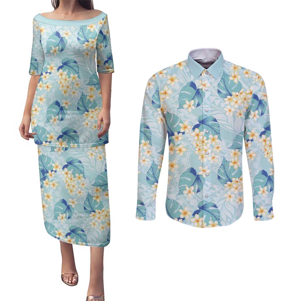 Pastel Cyan Tropical Hawaii Couples Matching Puletasi and Long Sleeve Button Shirt Seamless Monstera Plumeria Hawaiian Pattern - Polynesian Pride