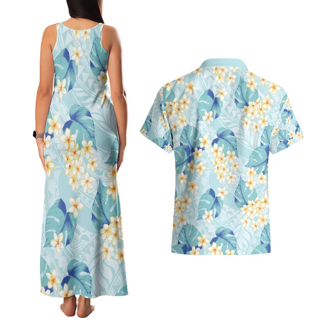 Pastel Cyan Tropical Hawaii Couples Matching Tank Maxi Dress and Hawaiian Shirt Seamless Monstera Plumeria Hawaiian Pattern - Polynesian Pride
