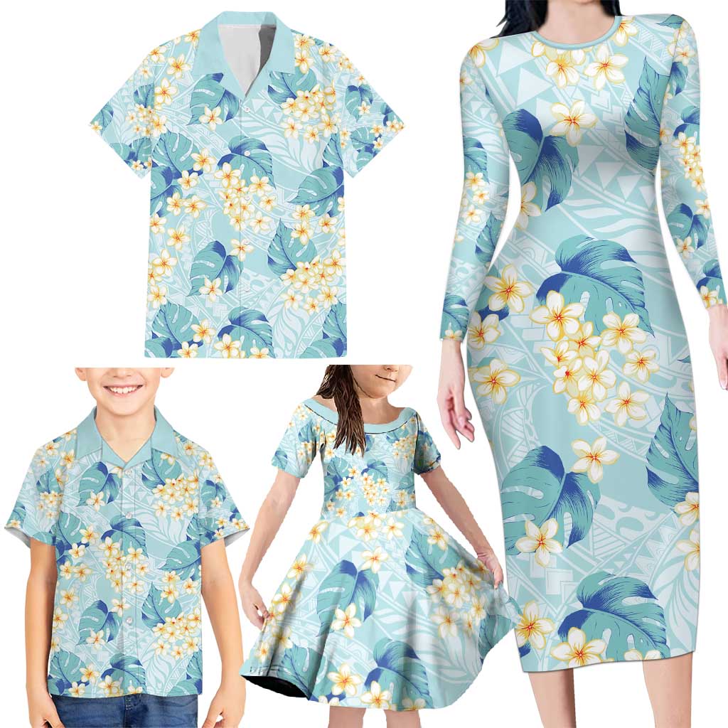 Pastel Cyan Tropical Hawaii Family Matching Long Sleeve Bodycon Dress and Hawaiian Shirt Seamless Monstera Plumeria Hawaiian Pattern - Polynesian Pride