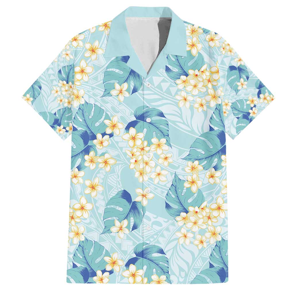 Pastel Cyan Tropical Hawaii Family Matching Long Sleeve Bodycon Dress and Hawaiian Shirt Seamless Monstera Plumeria Hawaiian Pattern - Polynesian Pride