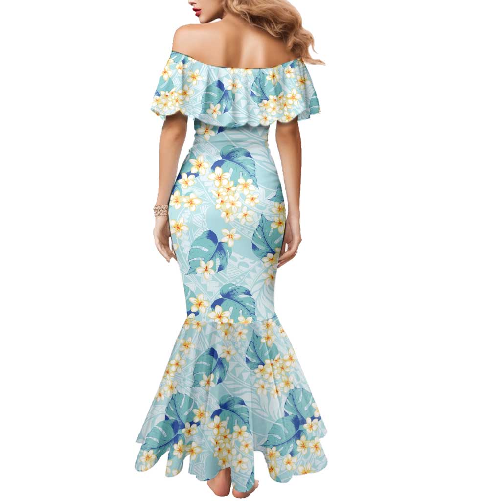 Pastel Cyan Tropical Hawaii Family Matching Mermaid Dress and Hawaiian Shirt Seamless Monstera Plumeria Hawaiian Pattern - Polynesian Pride