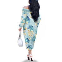 Pastel Cyan Tropical Hawaii Family Matching Off The Shoulder Long Sleeve Dress and Hawaiian Shirt Seamless Monstera Plumeria Hawaiian Pattern - Polynesian Pride