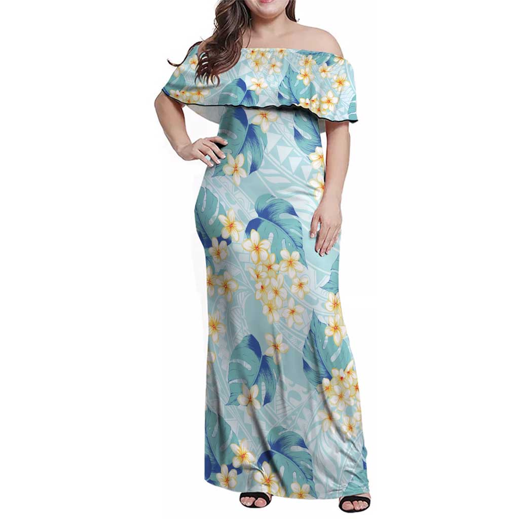 Pastel Cyan Tropical Hawaii Family Matching Off Shoulder Maxi Dress and Hawaiian Shirt Seamless Monstera Plumeria Hawaiian Pattern - Polynesian Pride