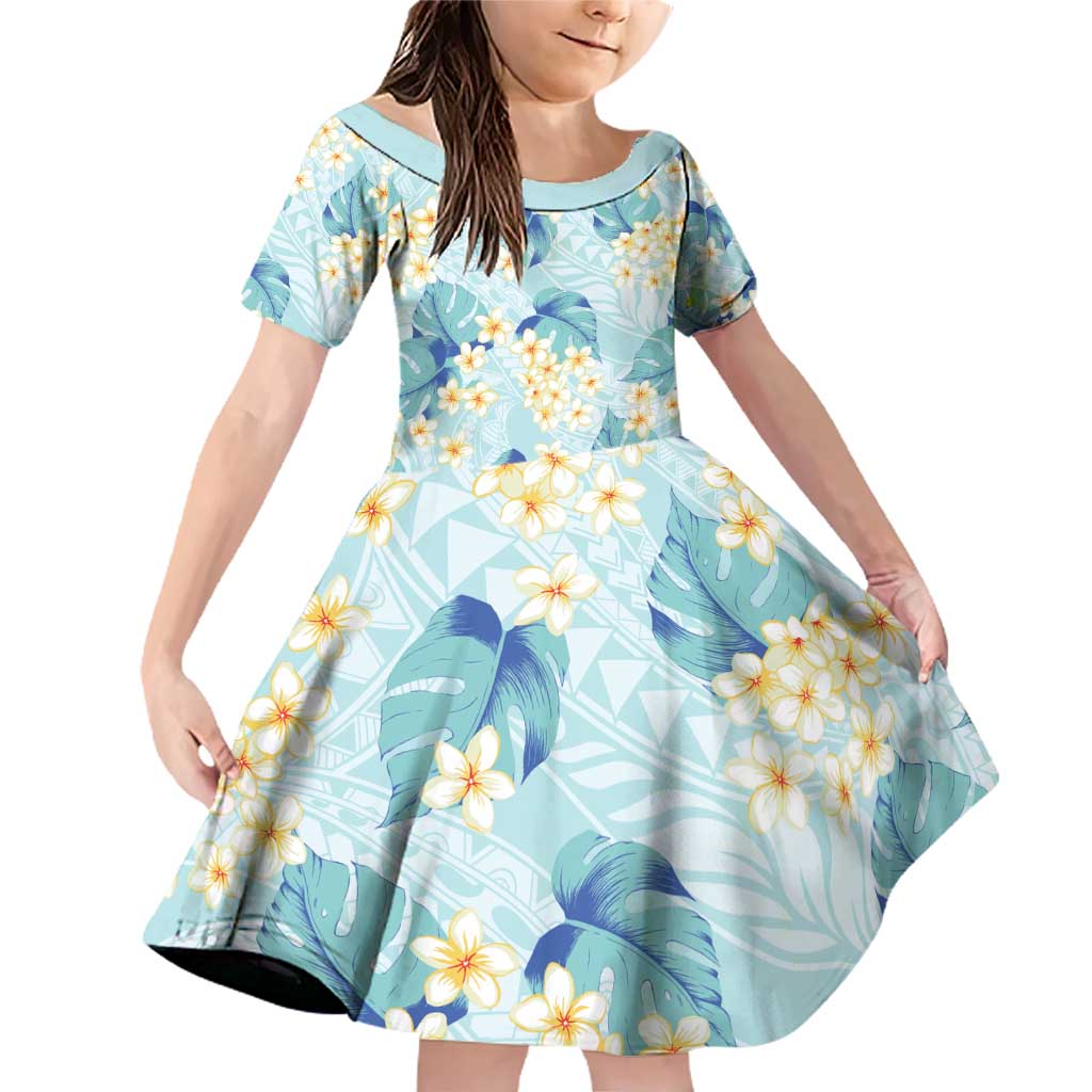 Pastel Cyan Tropical Hawaii Family Matching Off Shoulder Short Dress and Hawaiian Shirt Seamless Monstera Plumeria Hawaiian Pattern - Polynesian Pride