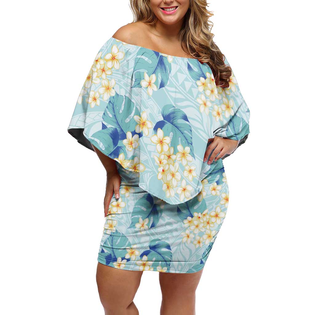 Pastel Cyan Tropical Hawaii Family Matching Off Shoulder Short Dress and Hawaiian Shirt Seamless Monstera Plumeria Hawaiian Pattern - Polynesian Pride