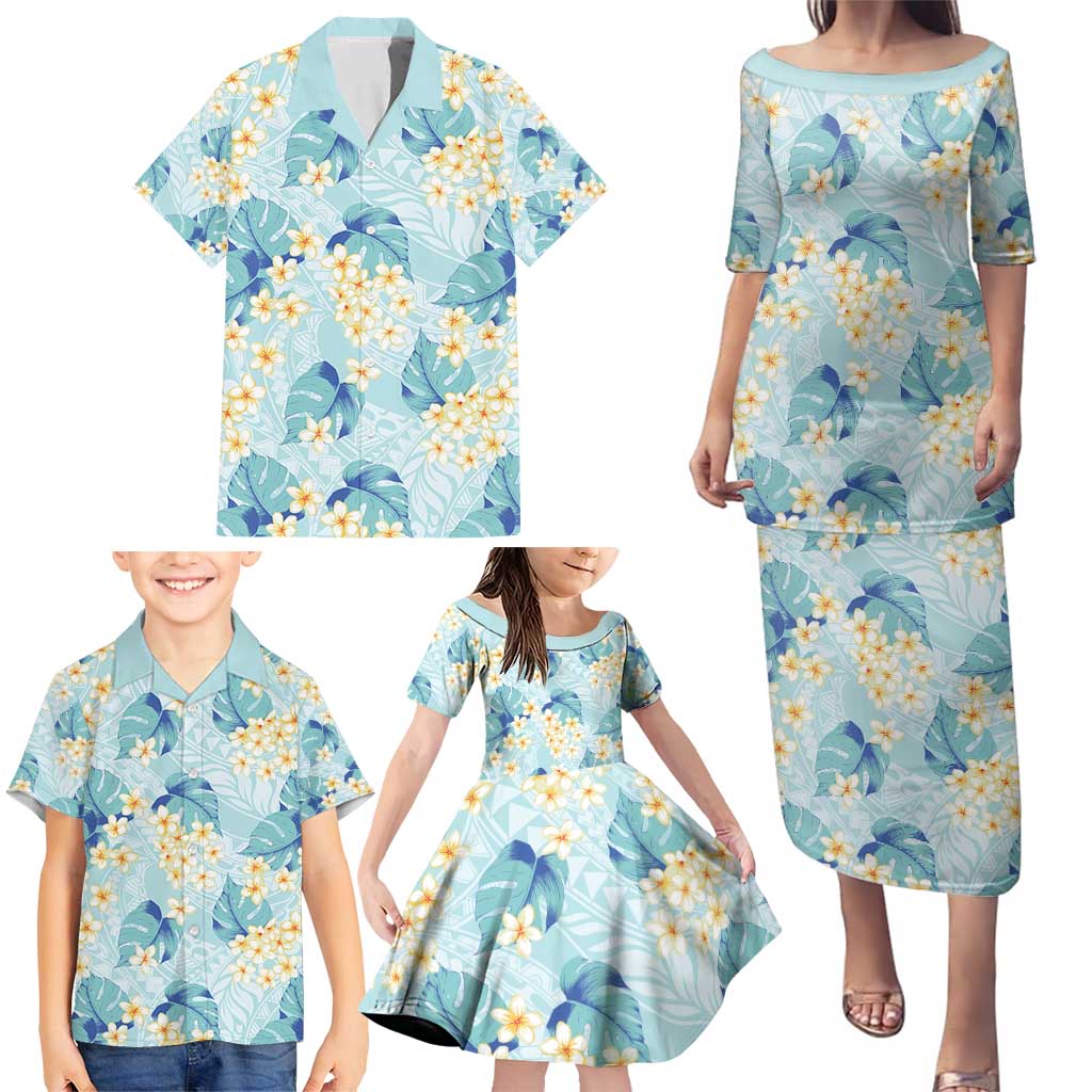 Pastel Cyan Tropical Hawaii Family Matching Puletasi and Hawaiian Shirt Seamless Monstera Plumeria Hawaiian Pattern - Polynesian Pride
