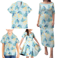 Pastel Cyan Tropical Hawaii Family Matching Puletasi and Hawaiian Shirt Seamless Monstera Plumeria Hawaiian Pattern - Polynesian Pride