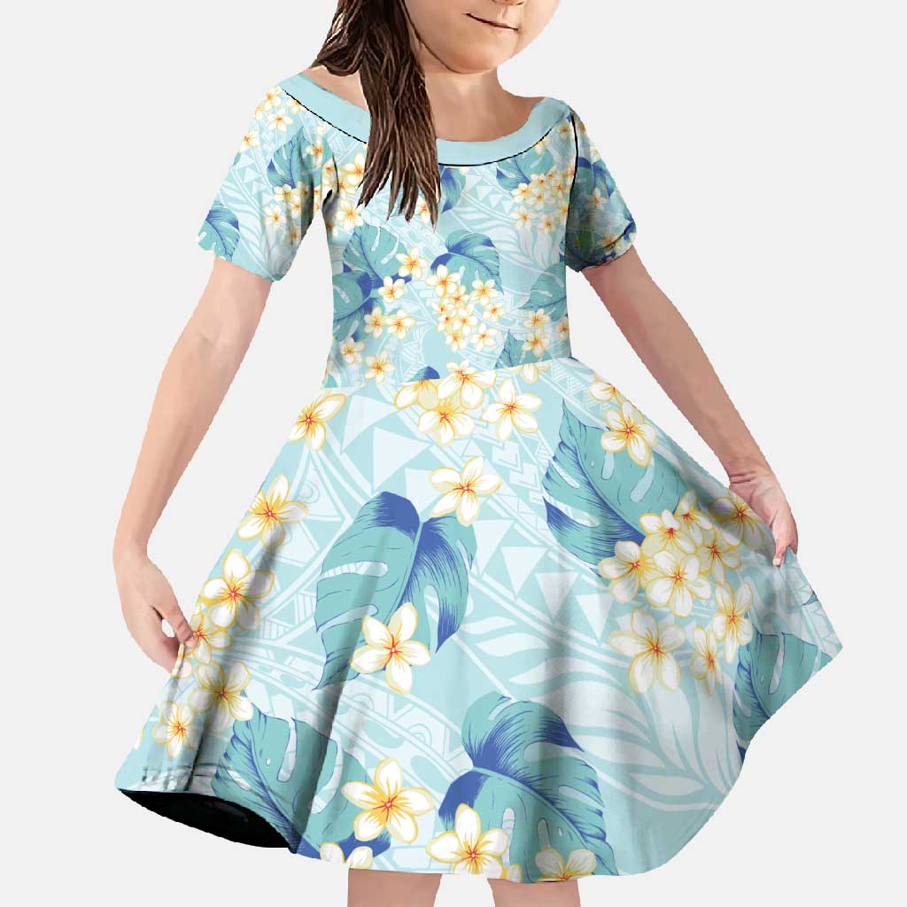 Pastel Cyan Tropical Hawaii Family Matching Short Sleeve Bodycon Dress and Hawaiian Shirt Seamless Monstera Plumeria Hawaiian Pattern - Polynesian Pride