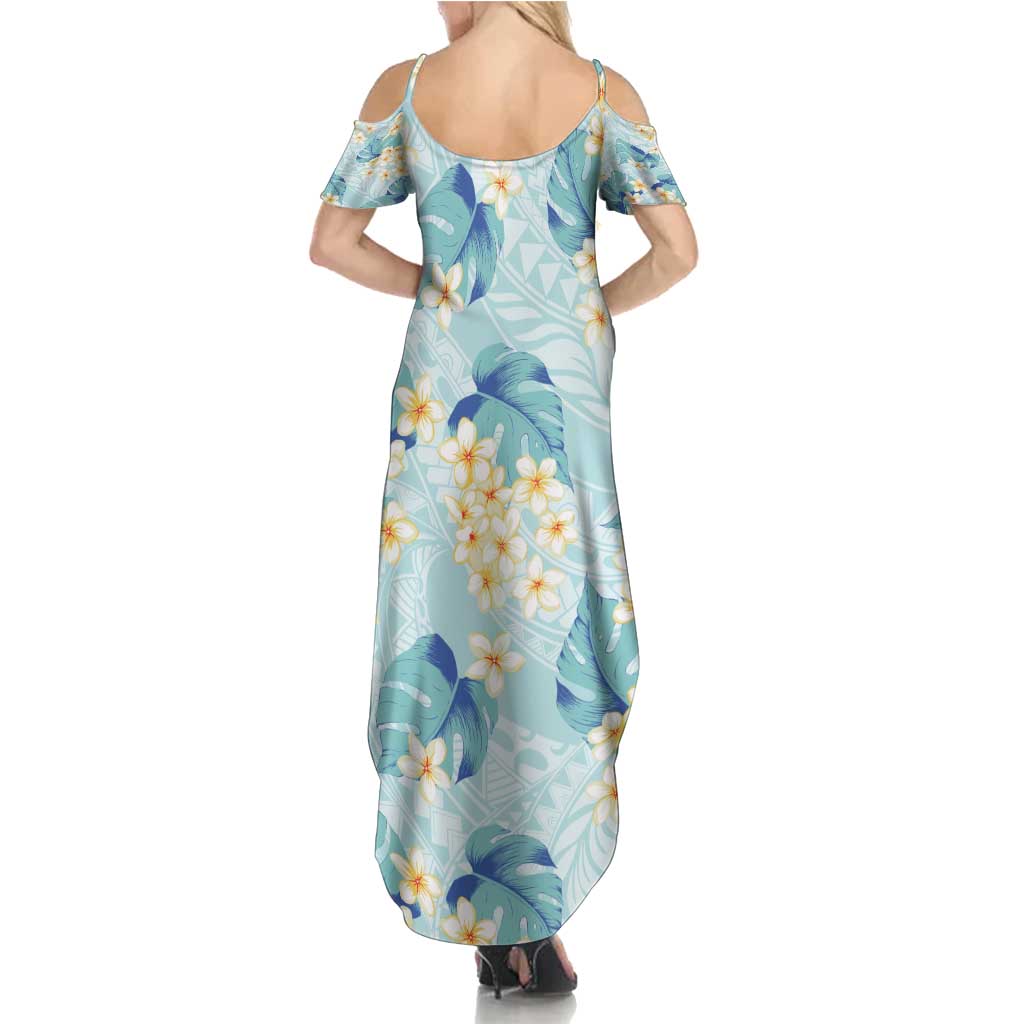 Pastel Cyan Tropical Hawaii Family Matching Summer Maxi Dress and Hawaiian Shirt Seamless Monstera Plumeria Hawaiian Pattern - Polynesian Pride