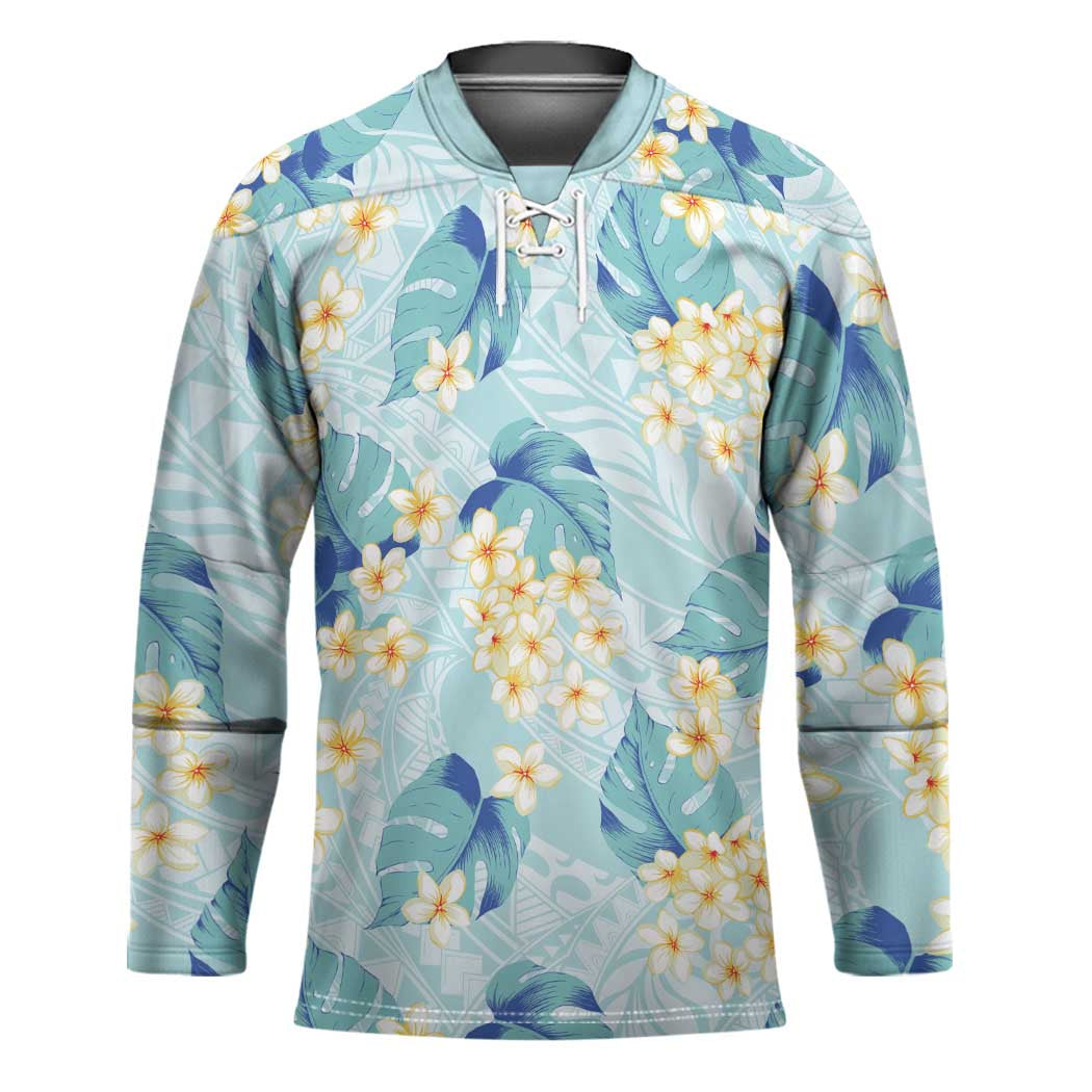 Pastel Cyan Tropical Hawaii Hockey Jersey Seamless Monstera Plumeria Hawaiian Pattern - Polynesian Pride