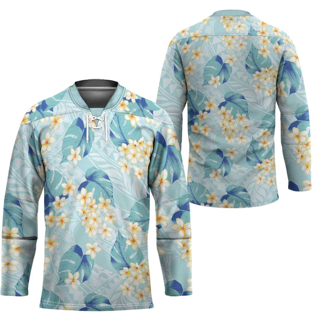 Pastel Cyan Tropical Hawaii Hockey Jersey Seamless Monstera Plumeria Hawaiian Pattern - Polynesian Pride
