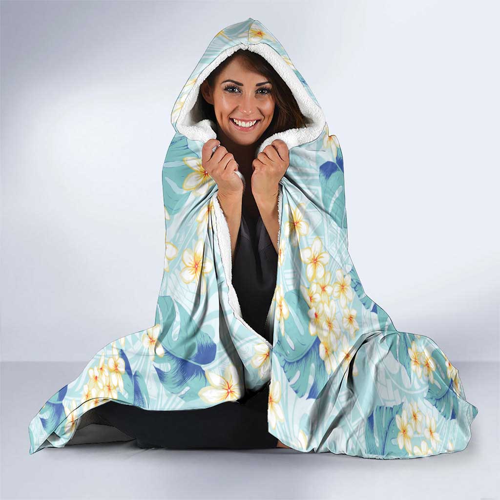 Pastel Cyan Tropical Hawaii Hooded Blanket Seamless Monstera Plumeria Hawaiian Pattern - Polynesian Pride