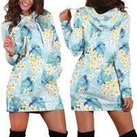 Pastel Cyan Tropical Hawaii Hoodie Dress Seamless Monstera Plumeria Hawaiian Pattern - Polynesian Pride