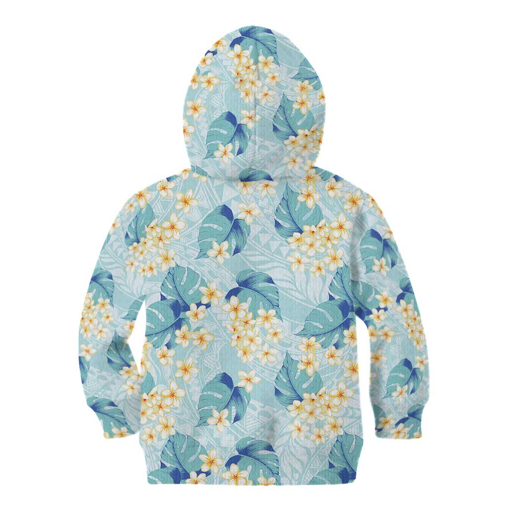 Pastel Cyan Tropical Hawaii Kid Hoodie Seamless Monstera Plumeria Hawaiian Pattern - Polynesian Pride